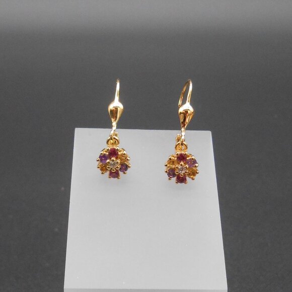 Earrings, Multi Gemstone Floral in 18K Vermeil Yellow Gold Over Sterling - Picture 2 of 8